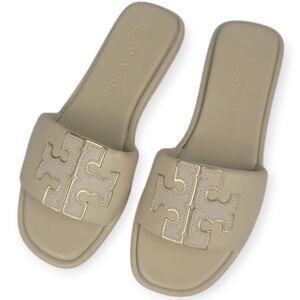 New Tory Burch Gold Double T Sport Slide Sandal Women's Sz 8 Dulce De Leche